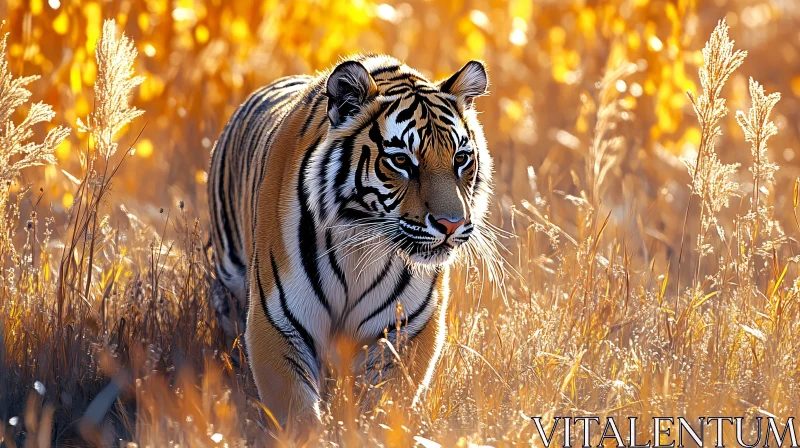 Tiger Prowling in Sunlit Grasses AI Image