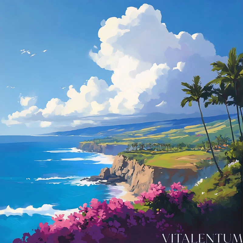 Tropical Seascape with Lush Green Fields and Palm Trees AI Image