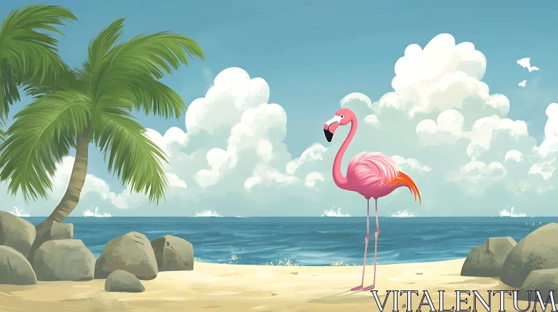 Tropical Flamingo on Sandy Beach AI Image