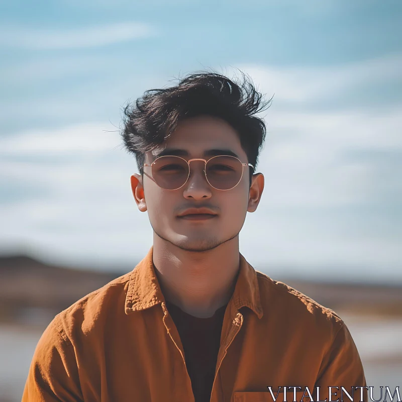 Portrait of a Young Man in Sunglasses and Warm Shirt AI Image