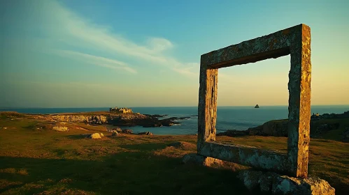 Historic Coastal View Framed by Stone at Sunset