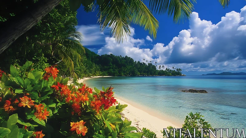 Serene Island Beach with Colorful Flora AI Image