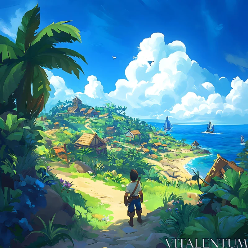 Tropical Island Adventure with Coastal Village AI Image