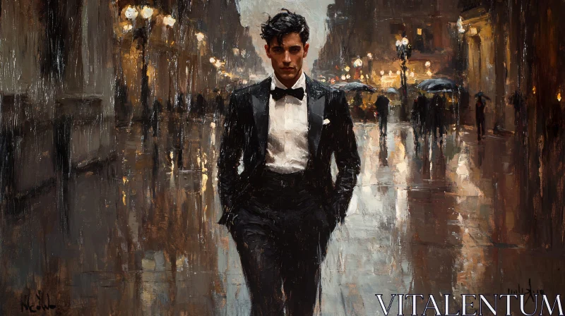 Man in Tuxedo Strolling Through Rainy Night Street AI Image