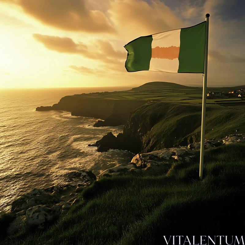 Golden Hour at Coastal Cliffs with Waving Flag AI Image