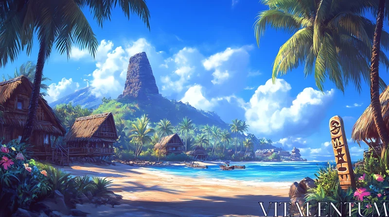 Idyllic Island Oasis with Beach and Mountain AI Image