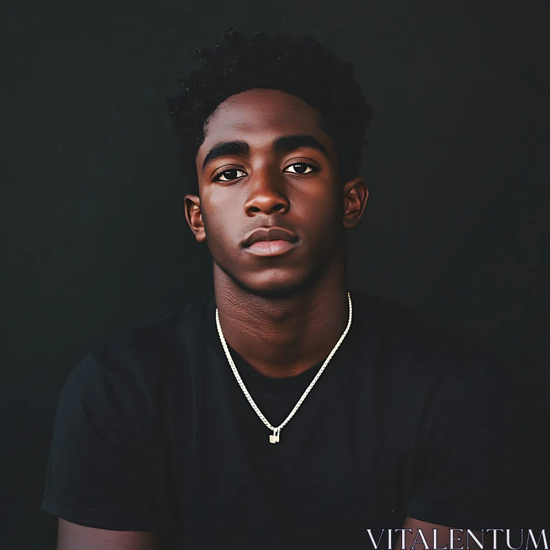 Serious Young Man in Black T-Shirt with Silver Necklace AI Image