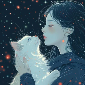 Starry Night Intimacy with White Cat