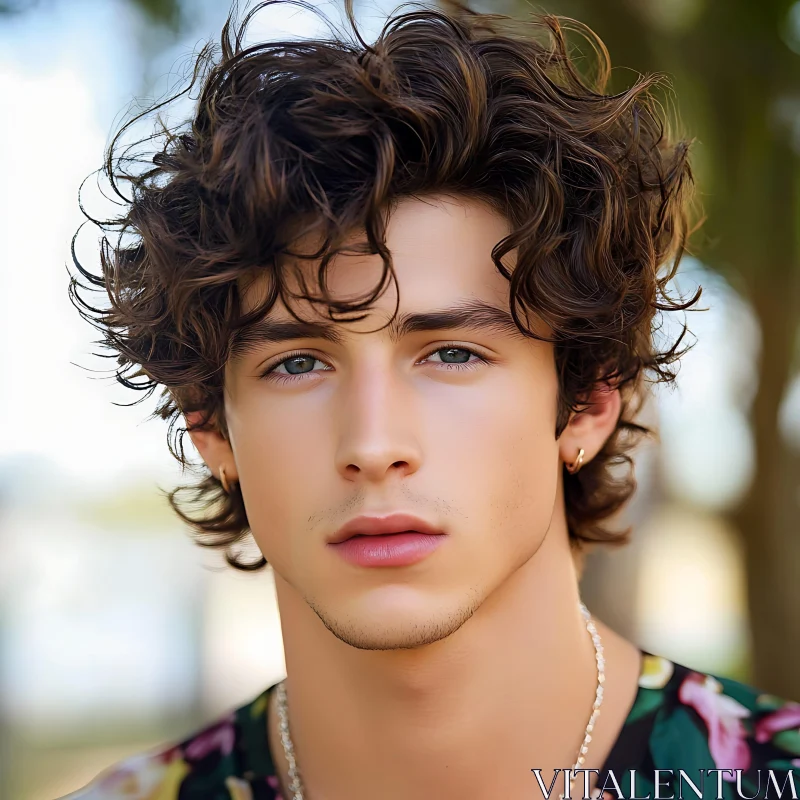 Young Man with Curly Hair and Ear Studs AI Image