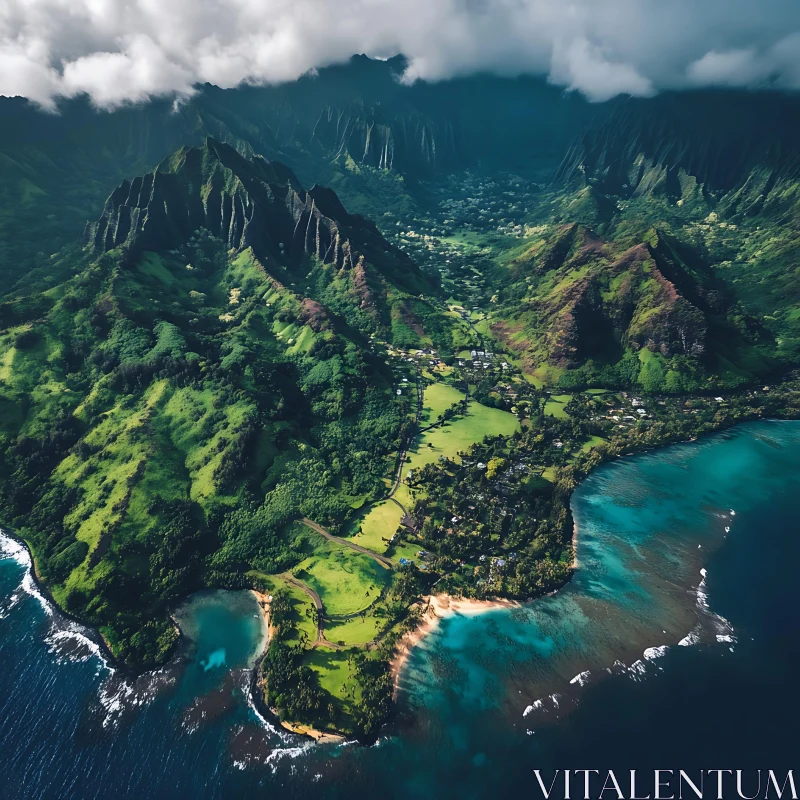 Aerial Island Landscape with Mountains and Turquoise Waters AI Image