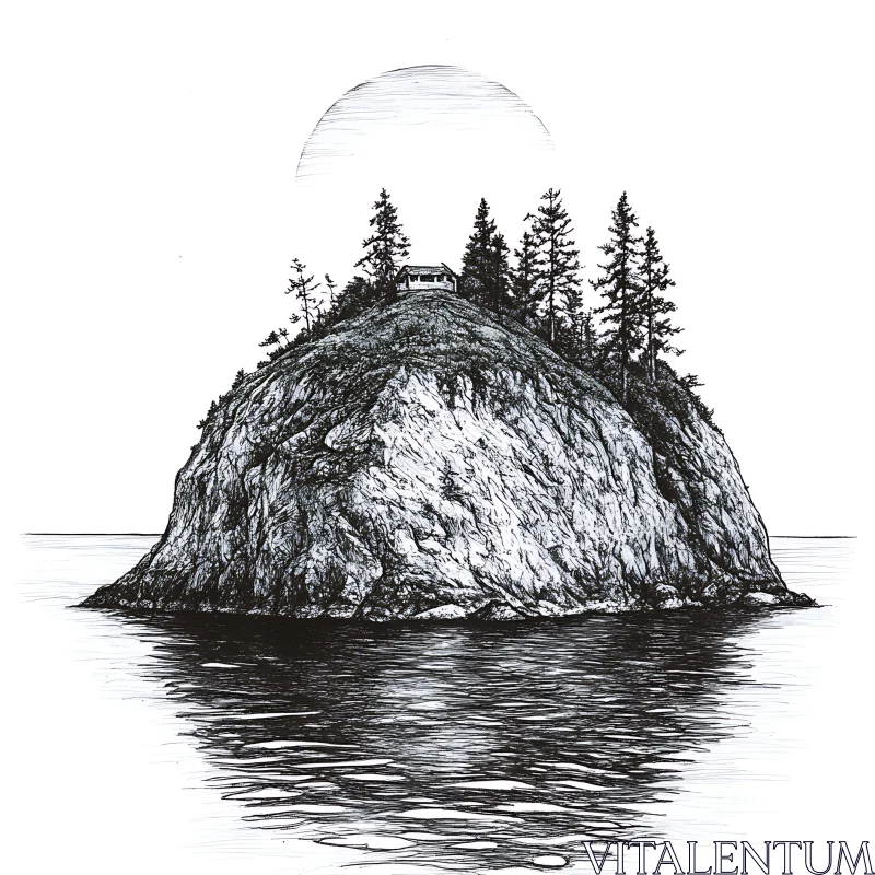 Isolated Island Drawing with Cabin and Trees AI Image