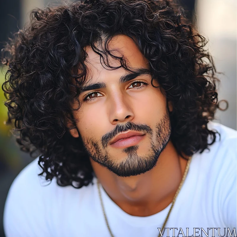 Curly Haired Bearded Man Close-Up AI Image