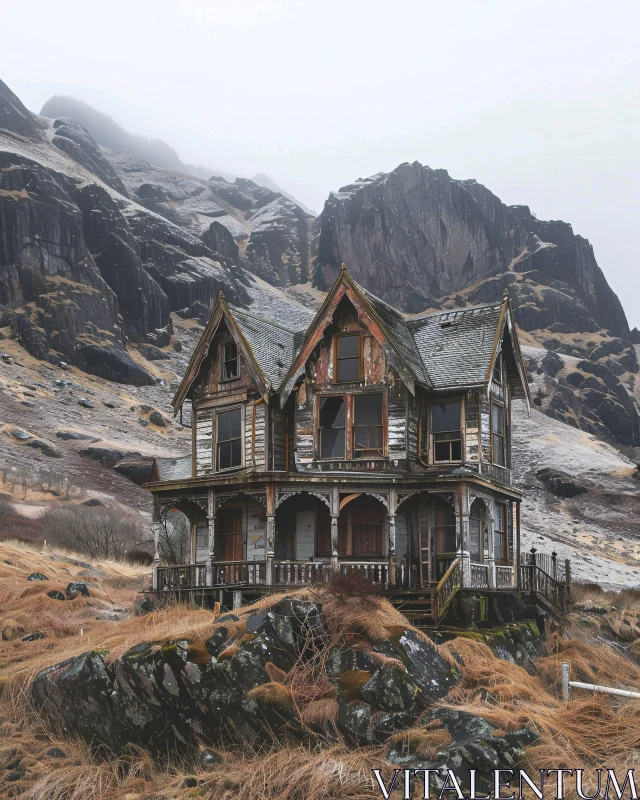 AI ART Eerie Abandoned House with Mountain Backdrop