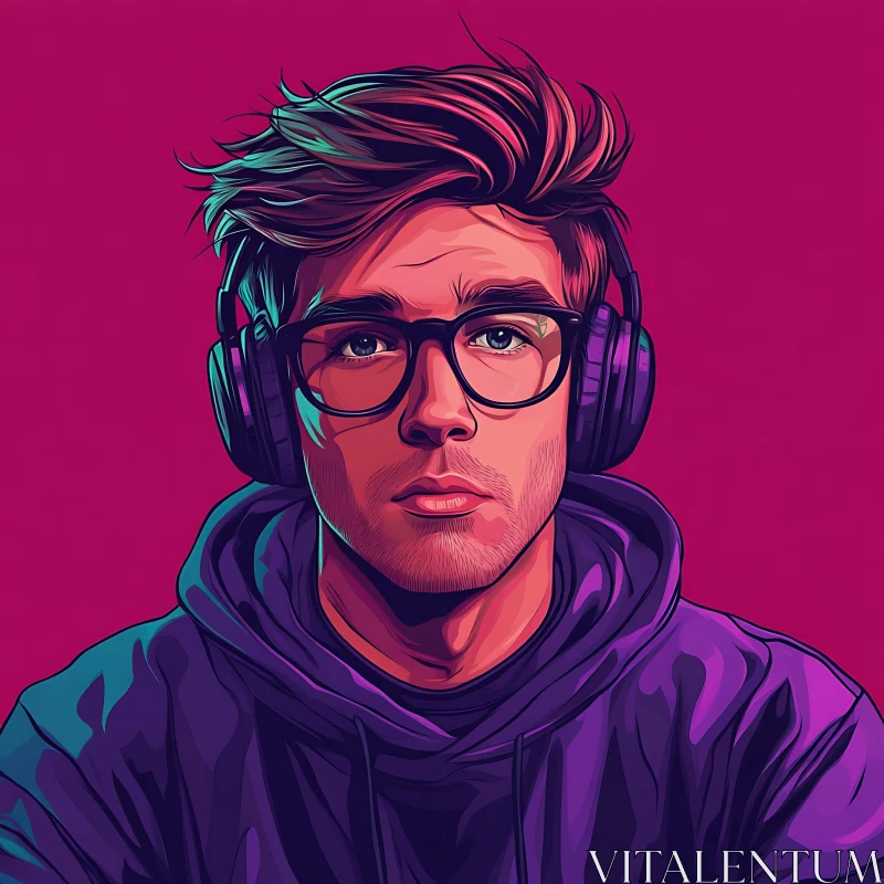 Young Man in Hoodie with Headphones and Glasses AI Image