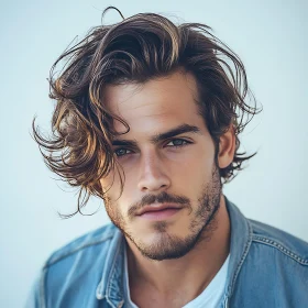 Modern Portrait of a Young Man with Curly Hair and Denim Jacket