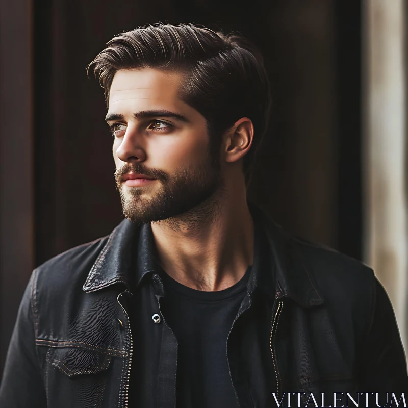 Contemplative Man in Black Leather Jacket AI Image