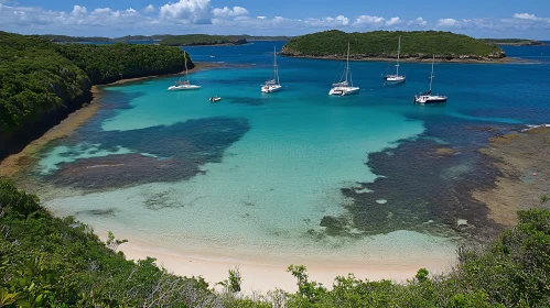 Serene Beach Scene with Anchored Sailboats