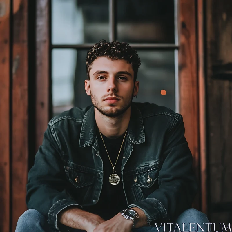 Young Man Posing in Front of Wooden Backdrop AI Image