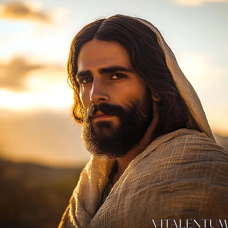 Contemplative Bearded Man at Golden Hour AI Image