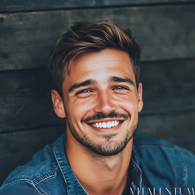 Happy Young Man Portrait with Wooden Background AI Image