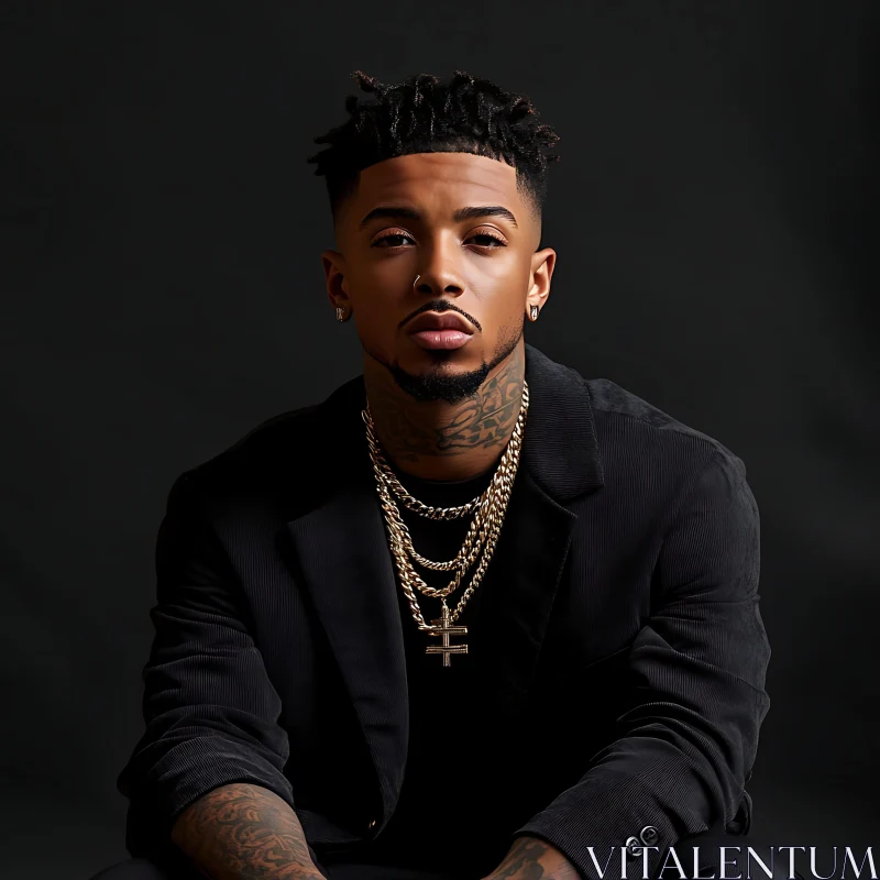 Stylish Man with Gold Chains and Tattoos AI Image