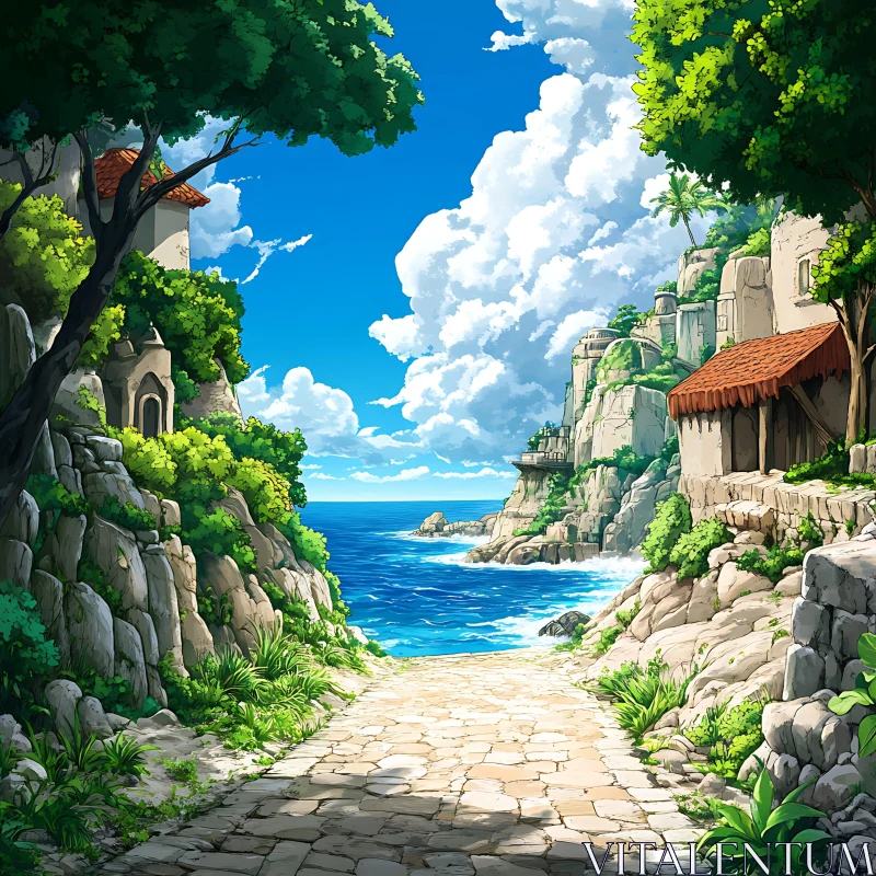 Peaceful Path Along Rocky Cliffs to Blue Sea AI Image