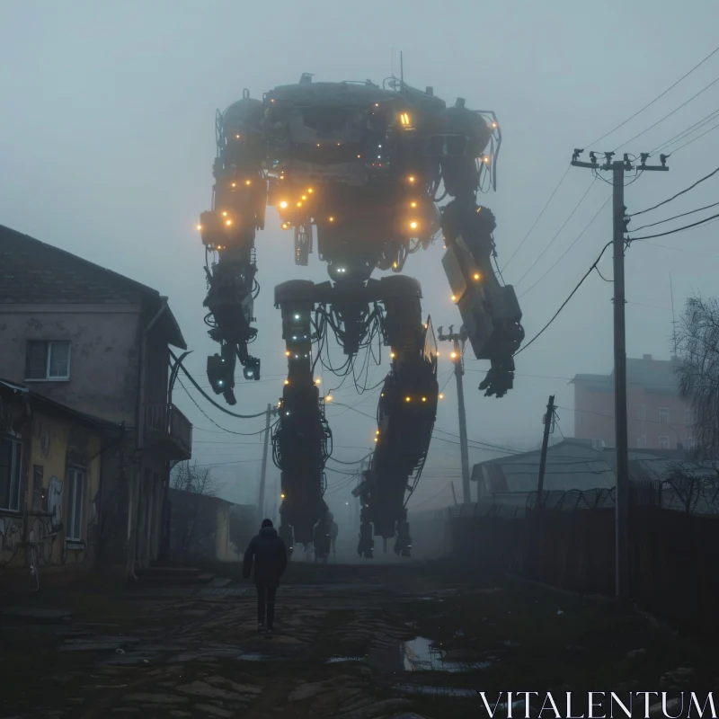 AI ART Colossal Robot in Misty Cityscape