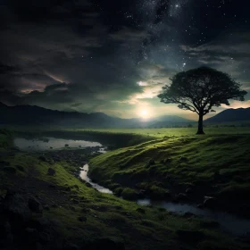 Peaceful Night Scene with a Tree and River