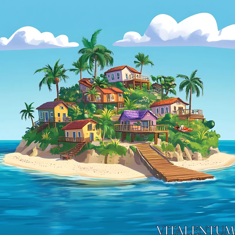 Tropical Paradise Island with Wooden Pathways AI Image