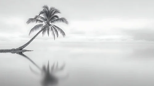 Solitary Palm Tree and Its Reflection in Monochrome