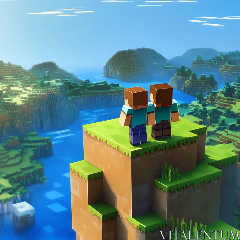 Pixelated Characters Overseeing Minecraft-Style Scenery AI Image