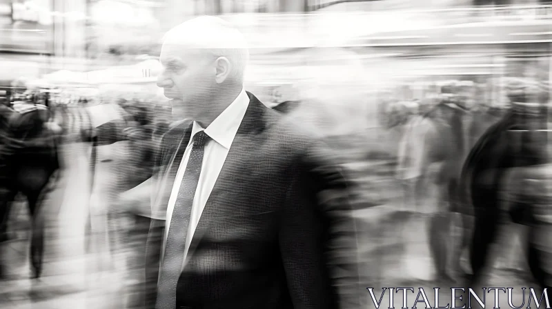 Blurred Urban Crowd Scene Featuring Man in Suit AI Image