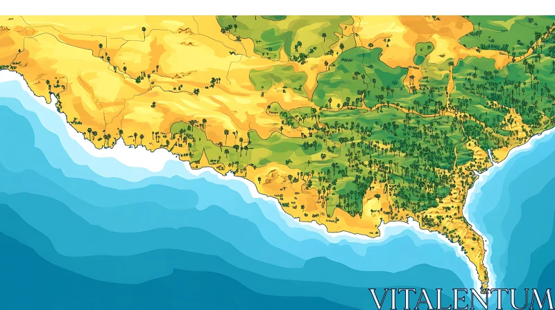 AI ART Coastal Region Map with Topographic Features