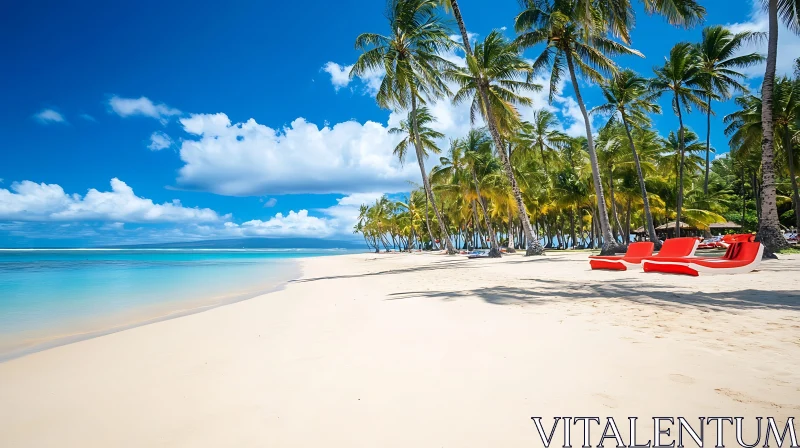 Paradise Beach with White Sands and Red Lounge Chairs AI Image