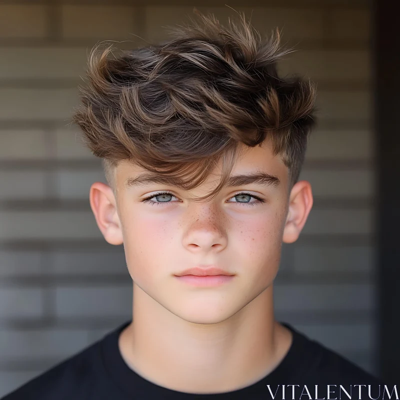 Close-Up Portrait of a Young Boy with Brown Hair and Freckles AI Image