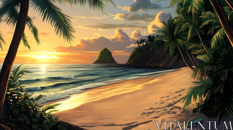 Tropical Sunset Beach with Palm Trees and Ocean Waves AI Image