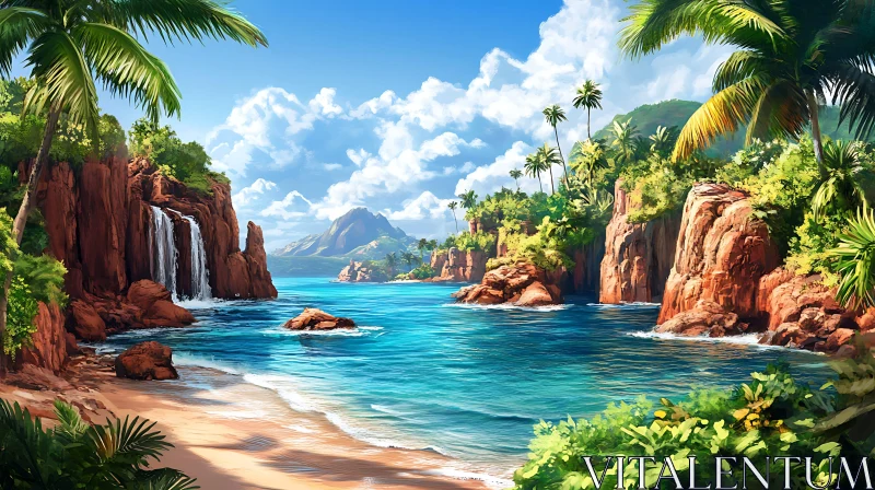 Idyllic Island Waterfall and Beach AI Image