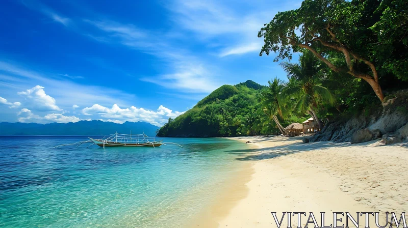 Idyllic Tropical Beach with Crystal Waters and Green Hills AI Image