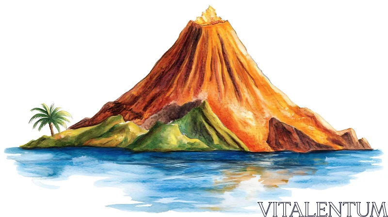 Island Volcano Watercolor Art AI Image