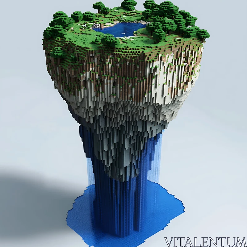 Voxel Art Floating Island with Waterfall AI Image