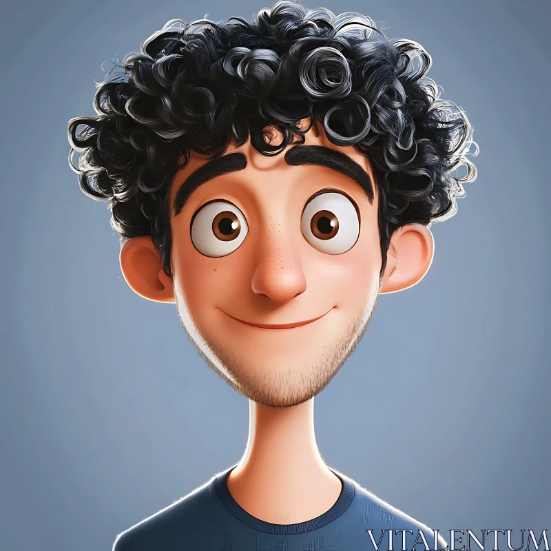 Animated Character with Curly Hair Smiling AI Image