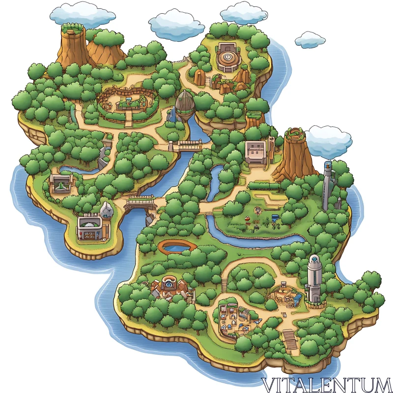 Adventure Island Map with Forests, Rivers, and Buildings AI Image