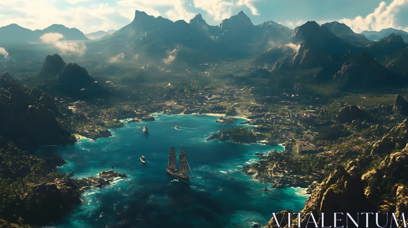 Idyllic Island Landscape with Mountains and Ships AI Image