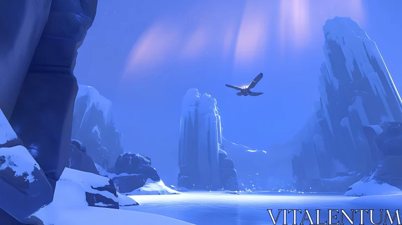 Serene Winter Mountain Scene with Gliding Bird AI Image