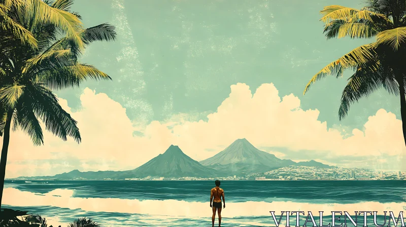 Ocean View with Mountains and Palm Trees AI Image