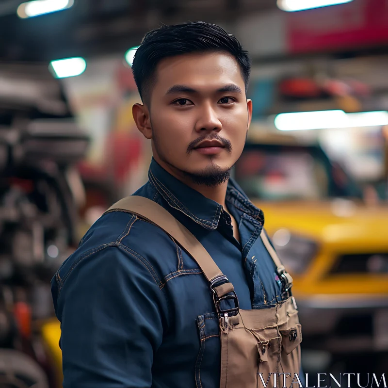 Man in Denim Shirt and Overalls in Industrial Garage AI Image