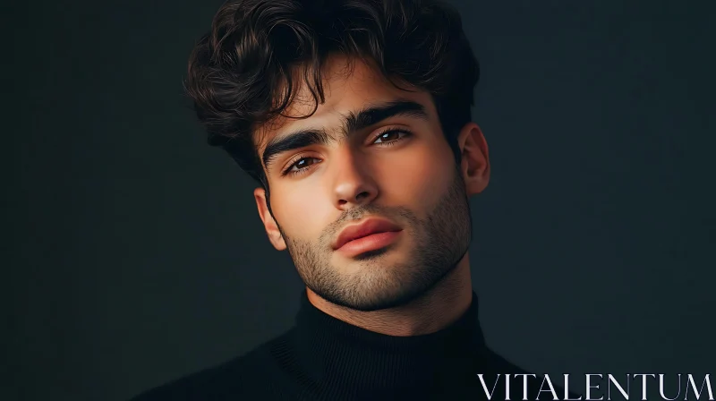 Man in Black Turtleneck with Curly Hair and Beard AI Image