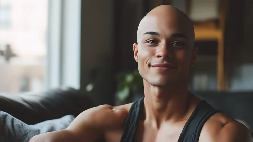 Warm Smile of a Bald Man Indoors