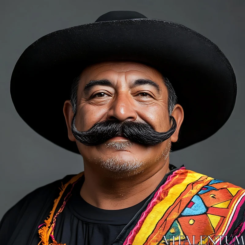 Smiling Man in Black Hat and Colorful Traditional Attire AI Image