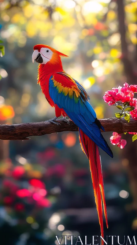 Colorful Parrot Amongst Flowers AI Image